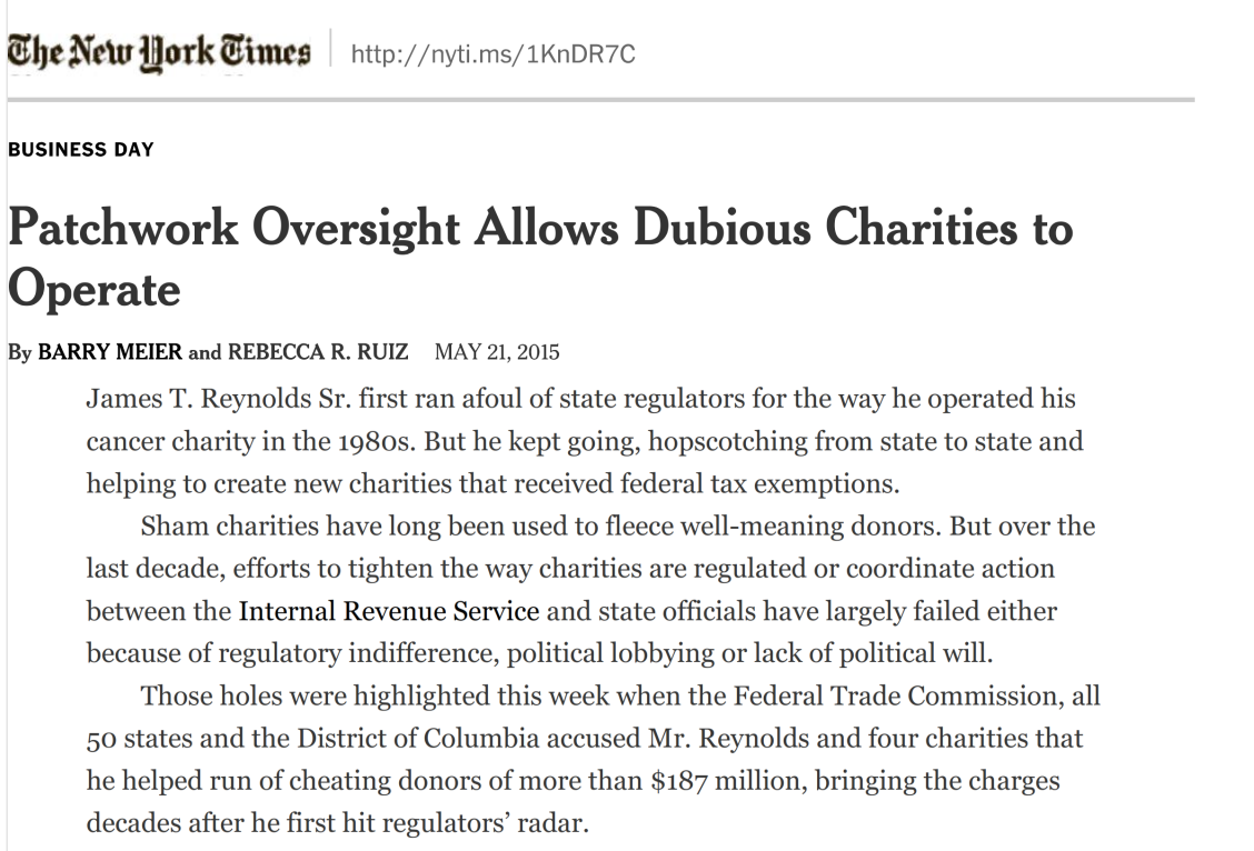 PATCHWORK OVERSIGHT ALLOWS DUBIOUS CHARITIES TO OPERATE NEW YORK TIME MAY 22 2015_001